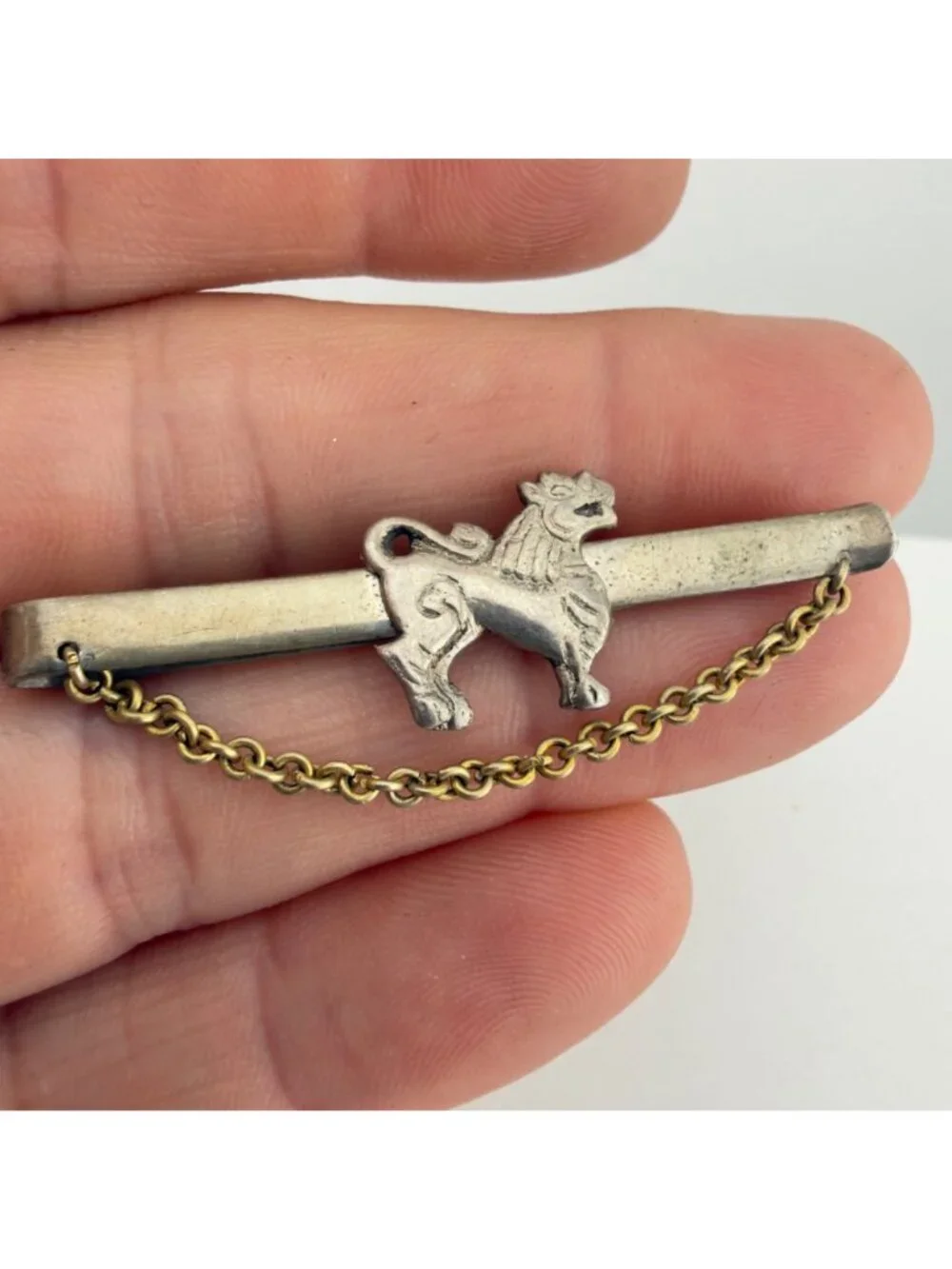 Vintage Nepal Guardian Lion Tie Bar Set of 2 Figural Silver Tone